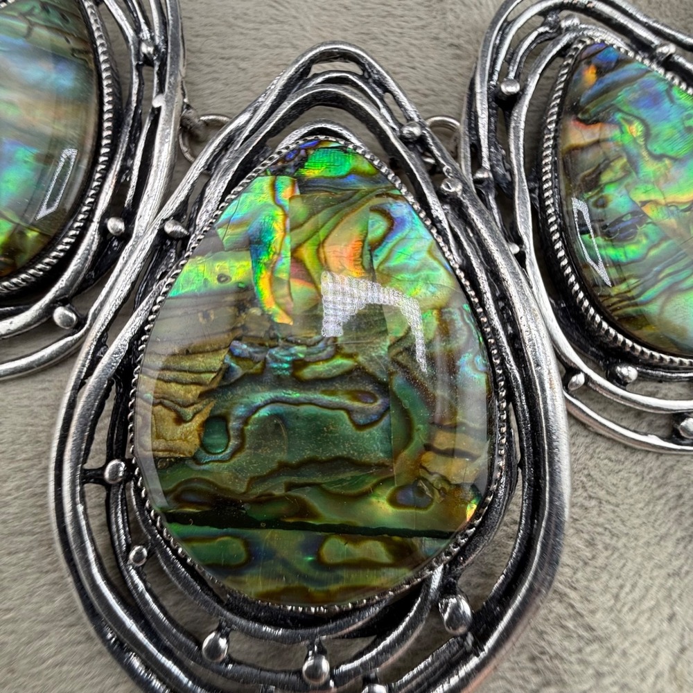 Statement Necklace Faux Abalone Silver Tone Adjustable 19"